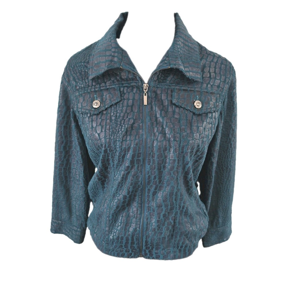 Ruby Rd Womens Jacket Size 14 Teal Blue Crocodile Embossed Zip Front Utility